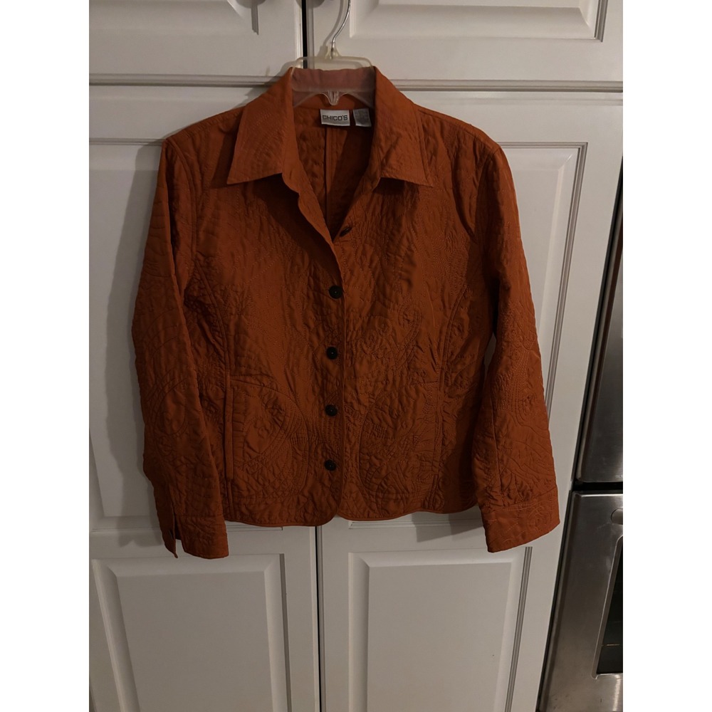 Chicos Quilted Jacket Orange Burnout Paisley Print Button Front Women Size 1